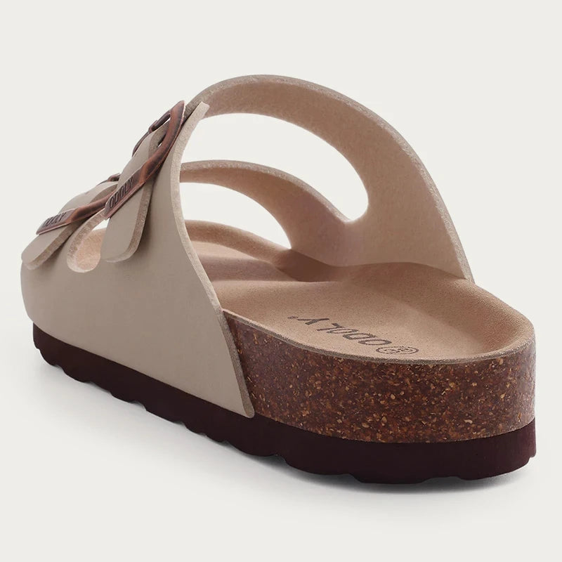 Litfun Women's Cork Footbed Sandals Classic Flat Sandals Fashion Thick Bottom Double Buckle Slides Beach Sandals With Adjustable