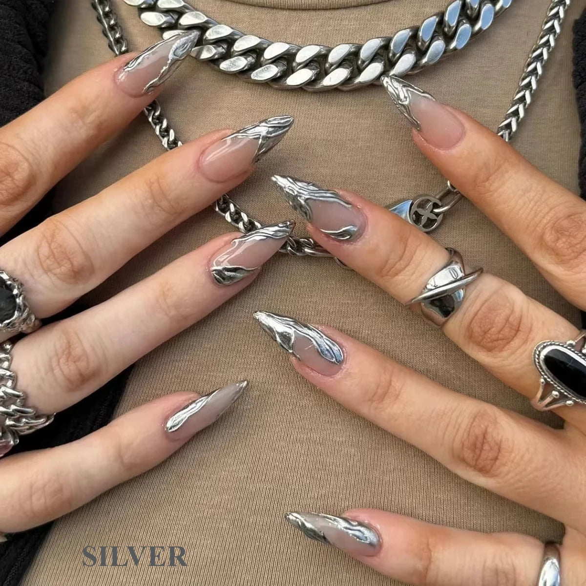 24Pcs French Almond False Nails Glitter with Rhinestones Wearable Fake Nails Artificial Simple Full Cover Press on Nails Tips