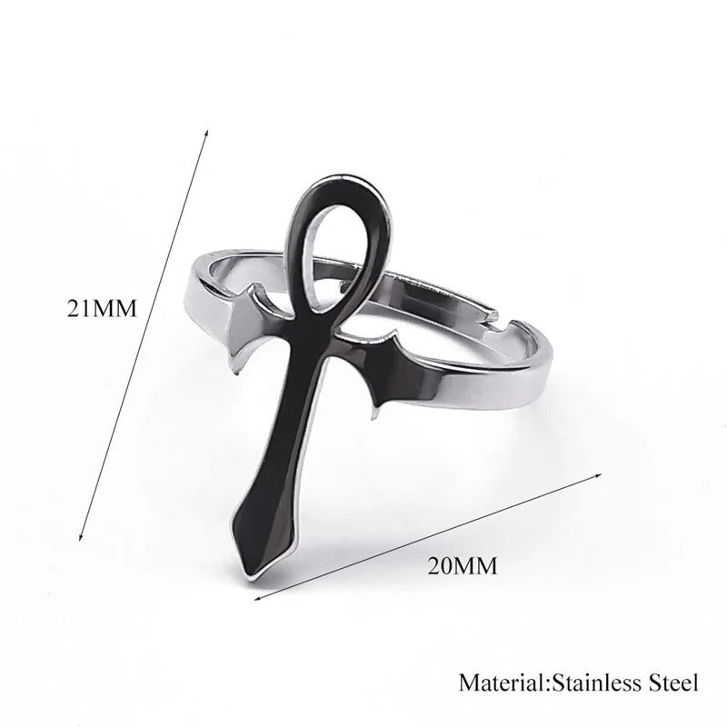 Egyptian Ankh Cross Ring Stainless Steel Anubis Life Symbol Adjustable Egypt Trend Finger Ring Party Jewelry Gift for Women Men