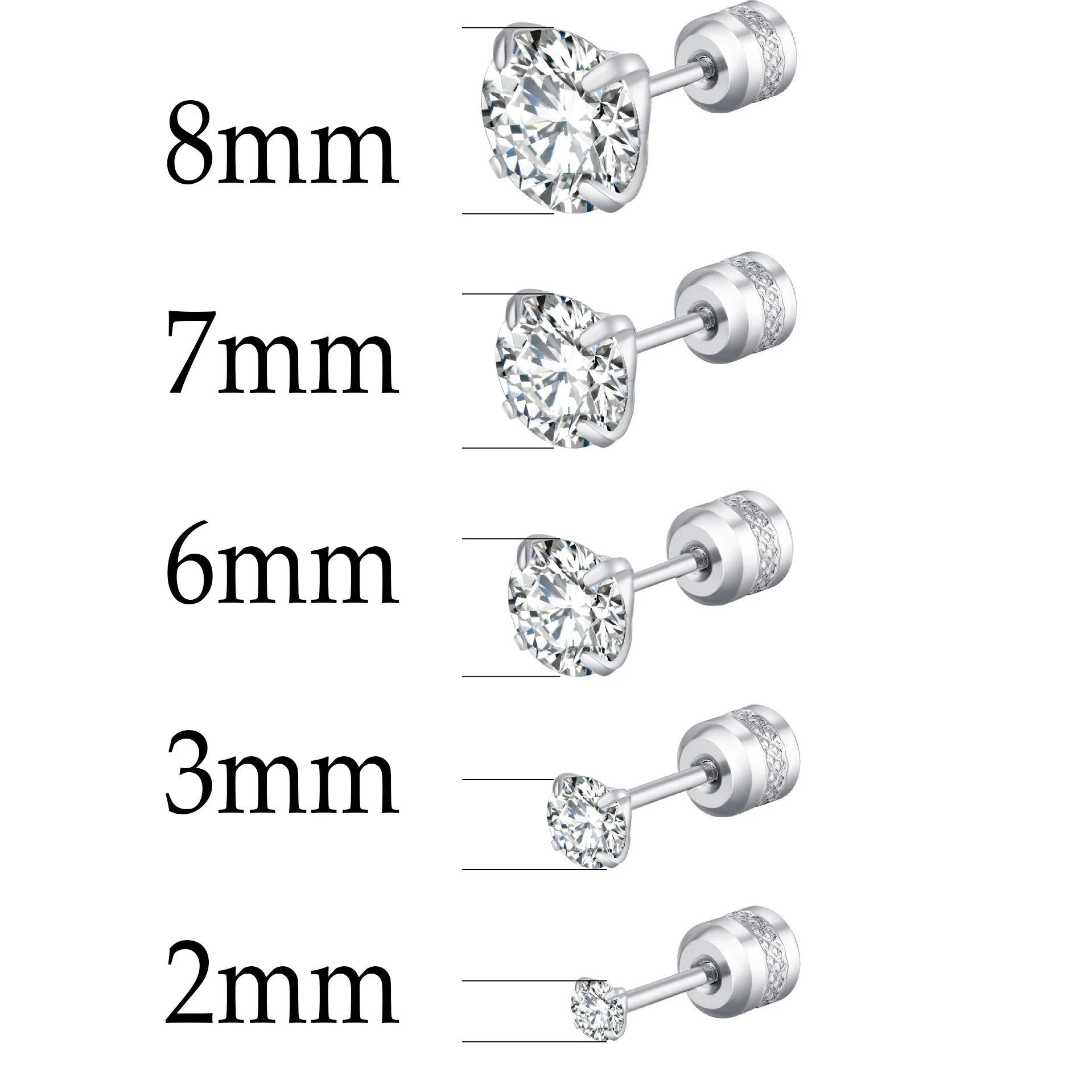 XUBCHC Stainless Steel Round Cubic Zirconia Ear Piercing For Women Men CZ Shiny Silver Color Stud Earrings Black Body Jewelry