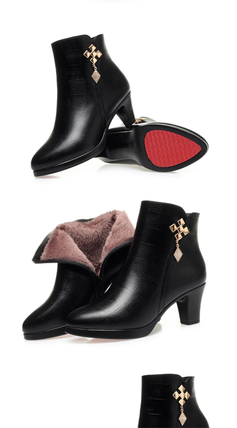 Women High Heels Soft Leather Ankle Boots Autumn Winter Platform Plush Boots Brand Fashion Point Toe Middle Heel Cotton Shoes