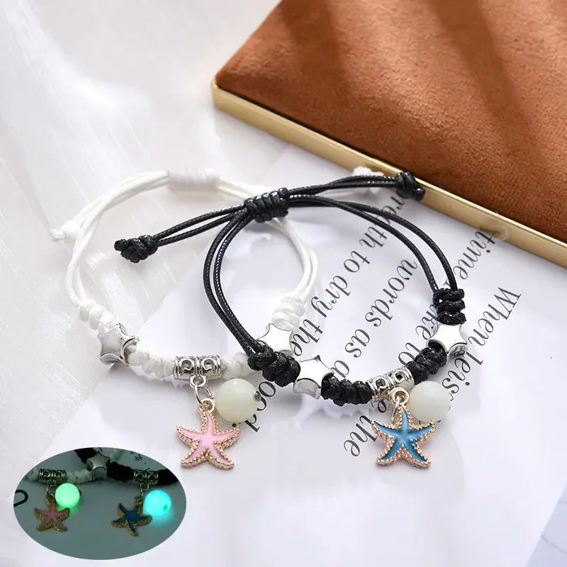 Fashion Luminous Beads Star Couple Bracelet for Women Men Charm Cat Flower Heart Key Lock Cross Matching Friend Bracelet Jewelry