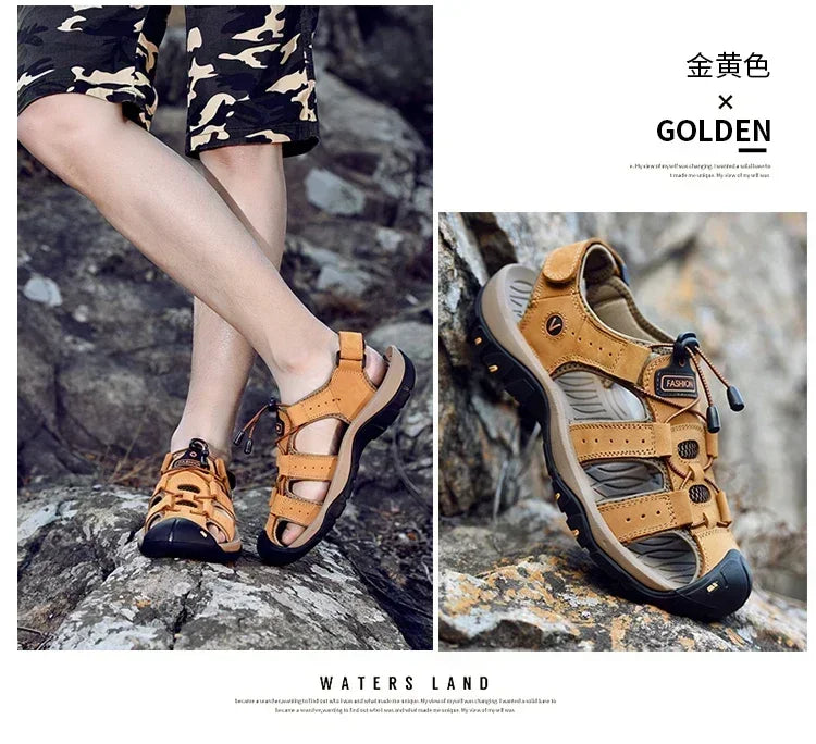 Summer Sandals Leather Outdoor Men Beach Shoes Luxury Breathable Casual Sandal Man Wading Shoes Non-slip Wide lining Slippers