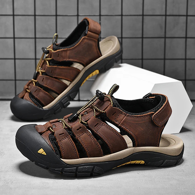 New Summer Genuine Leather Men Sandals Fashion Design Breathable Casual Shoes Men Soft Bottom Large Size Outdoor Beach Sandals