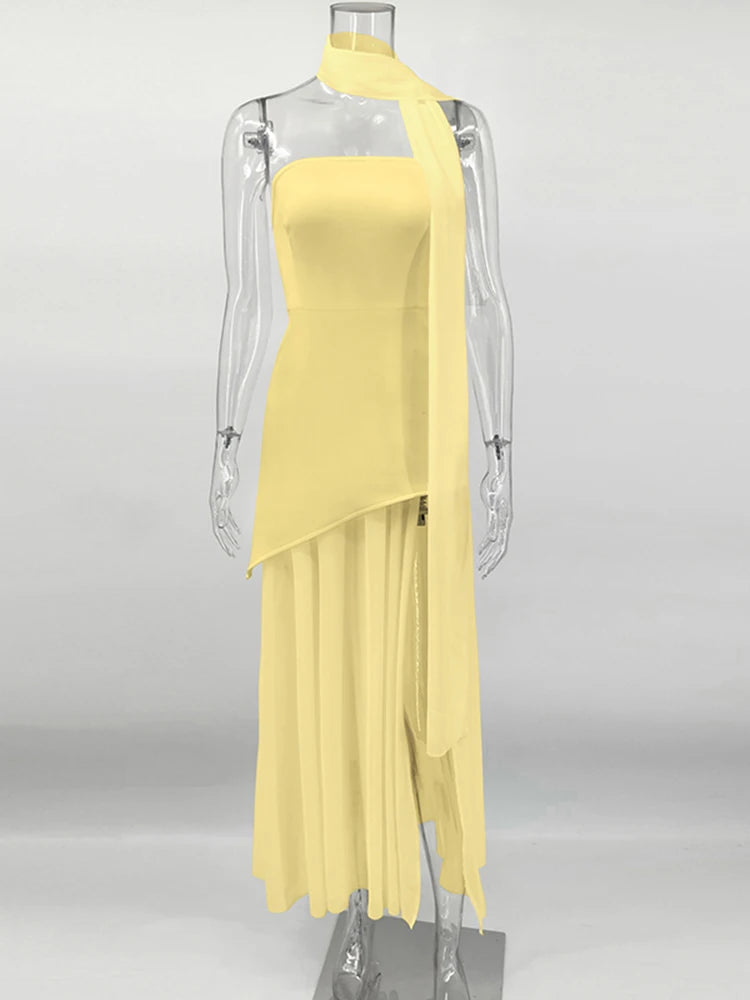 2025 New Strapless Dress With Ribbon Women's Elegant Sleeveless Mesh Beach Vacation Long Dress Spring Fashion Lady Dress