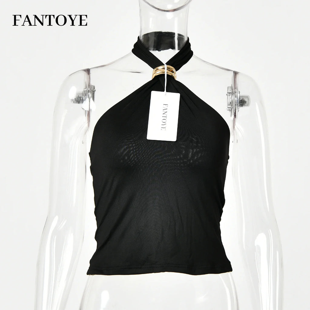 Fantoye Sexy Backless Metal Ring Halter Women Top Black Hollow Out Off Shoulder Crop Vest Female Summer Slim Elegant Streetwear