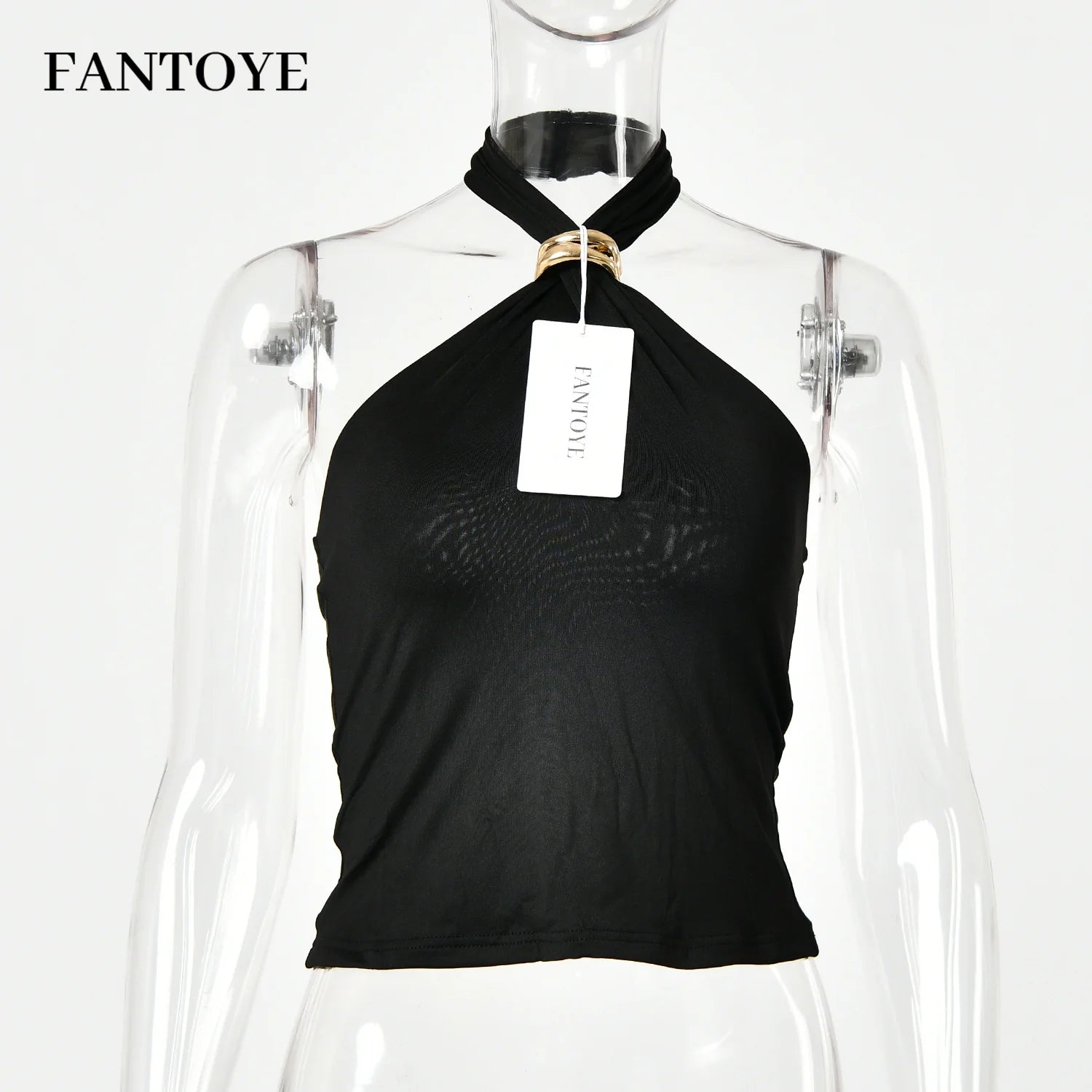 Fantoye Sexy Backless Metal Ring Halter Women Top Black Hollow Out Off Shoulder Crop Vest Female Summer Slim Elegant Streetwear