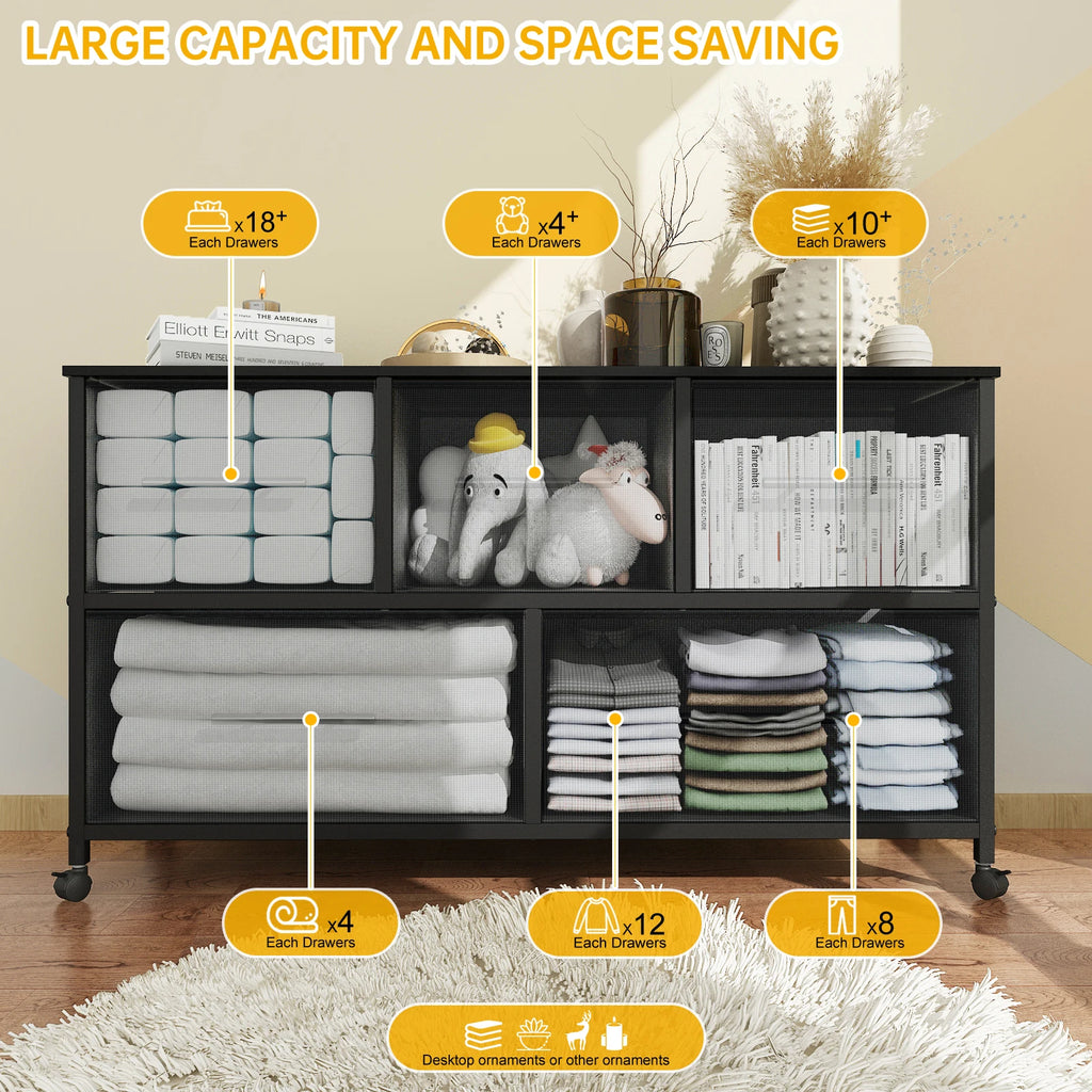 Chest of Drawer Dresser for Bedroom with 5 Fabric Drawers TV Stand with 4 Castors Storage Organizer Unit for Living Room