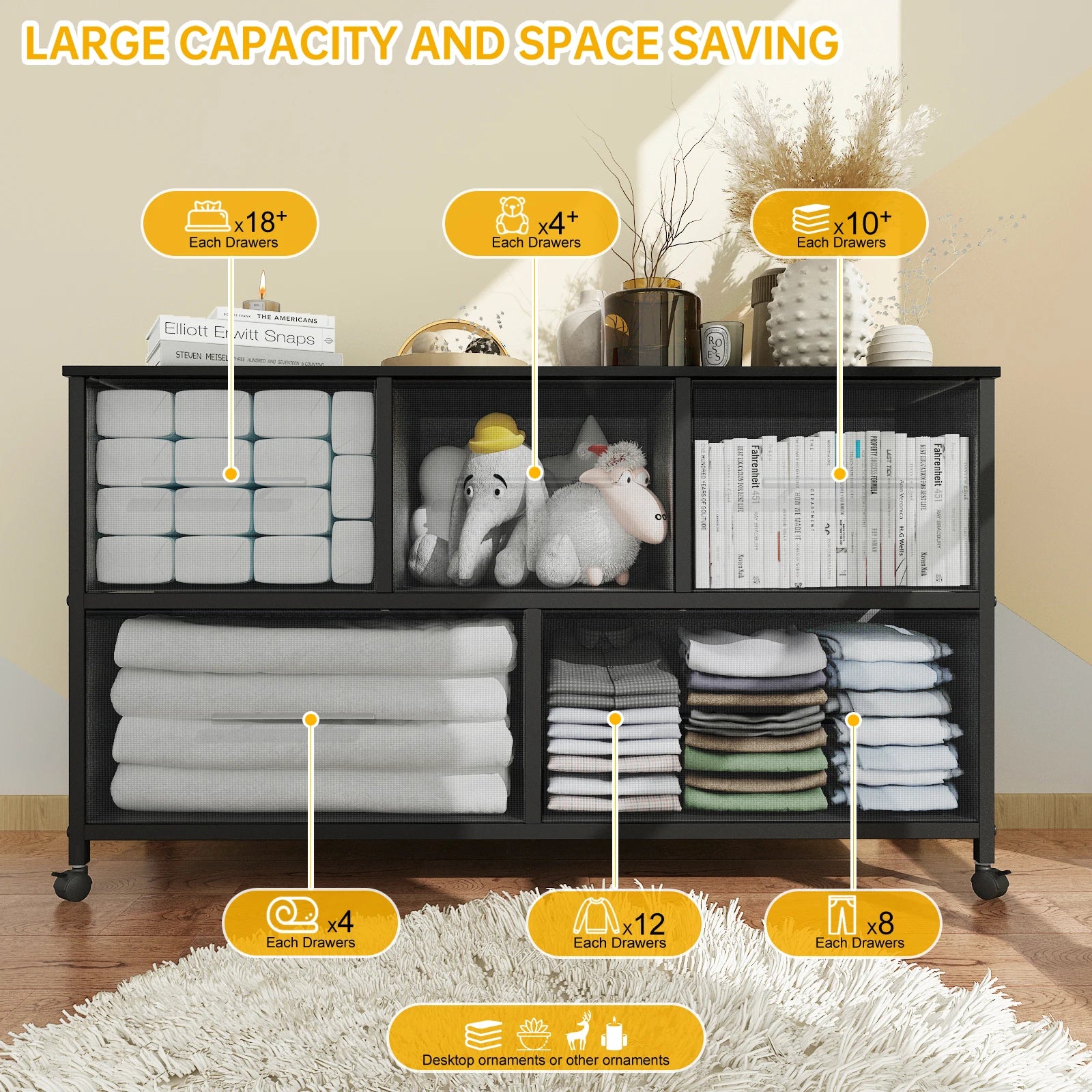 Chest of Drawer Dresser for Bedroom with 5 Fabric Drawers TV Stand with 4 Castors Storage Organizer Unit for Living Room