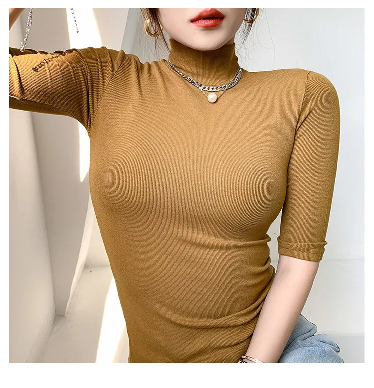Basic  T Shirt Women Turtleneck Slim Tshirt Short Sleeve T-shirts Female Casual Elasticity White Tee Shirt Femme Woman Top