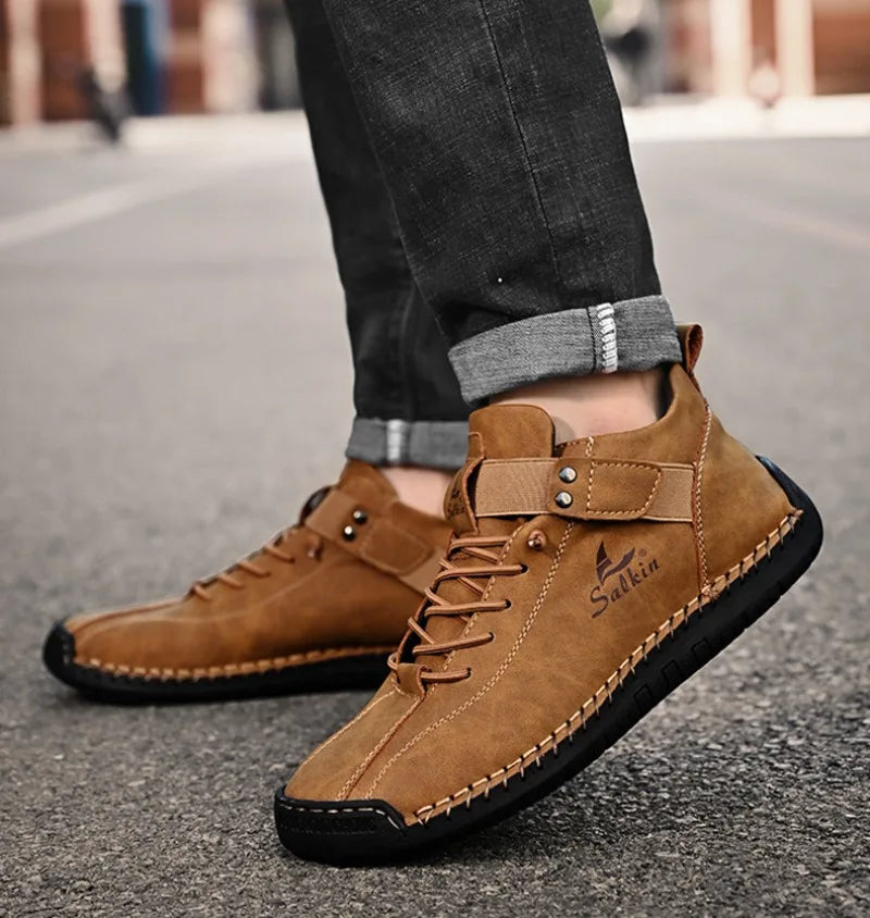 Winter New Men's Low-top Ankle Boots High Quality Hand-stitched Hook&loop Leather Casual Sneakers Classic Man Shoes Plus Size 48