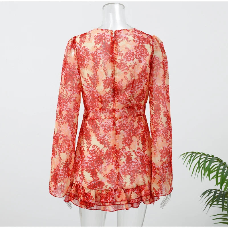 Sexy Floral Printed Mini Dress Women V-neck Flared Sleeve Waist Cinching Ruffle Bodycon Dresses 2026 Lady Party Vacation Gown