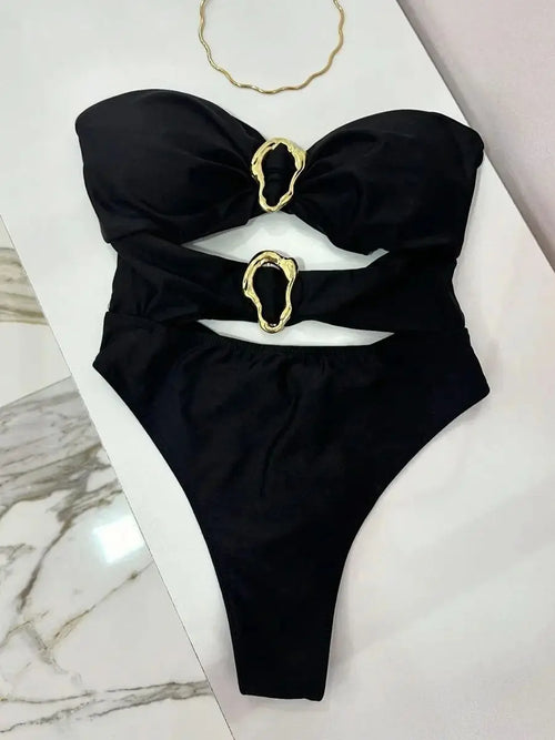3 Colors Sexy Metal Rings Cut Out Women Swimwear One Piece Swimsuit Female Bandeau High Leg Cut Bather Bathing Suit Swim B022D - EXPRESS STORE
