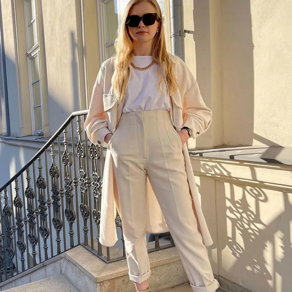 DUOPERI Women Fashion Solid Basic High Waist Trousers Chic Female Office Lady Casual Business Workwear Long Pant
