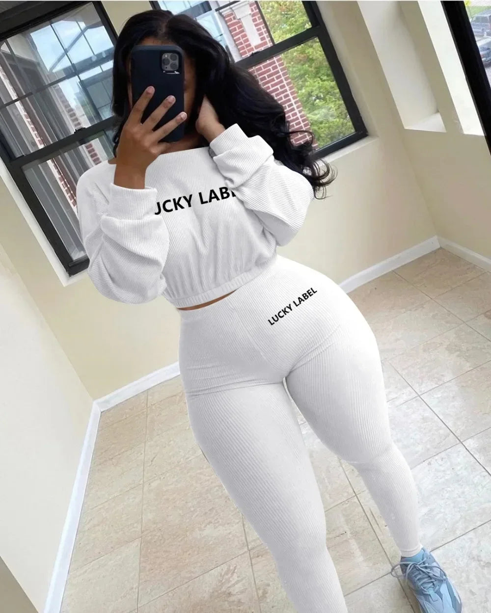 Fashion Summer Solid Lucky Label Letter Embroidery Two Piece Sets Women Sweatshirt+Leggings Casual Sporty Tracksuits Female