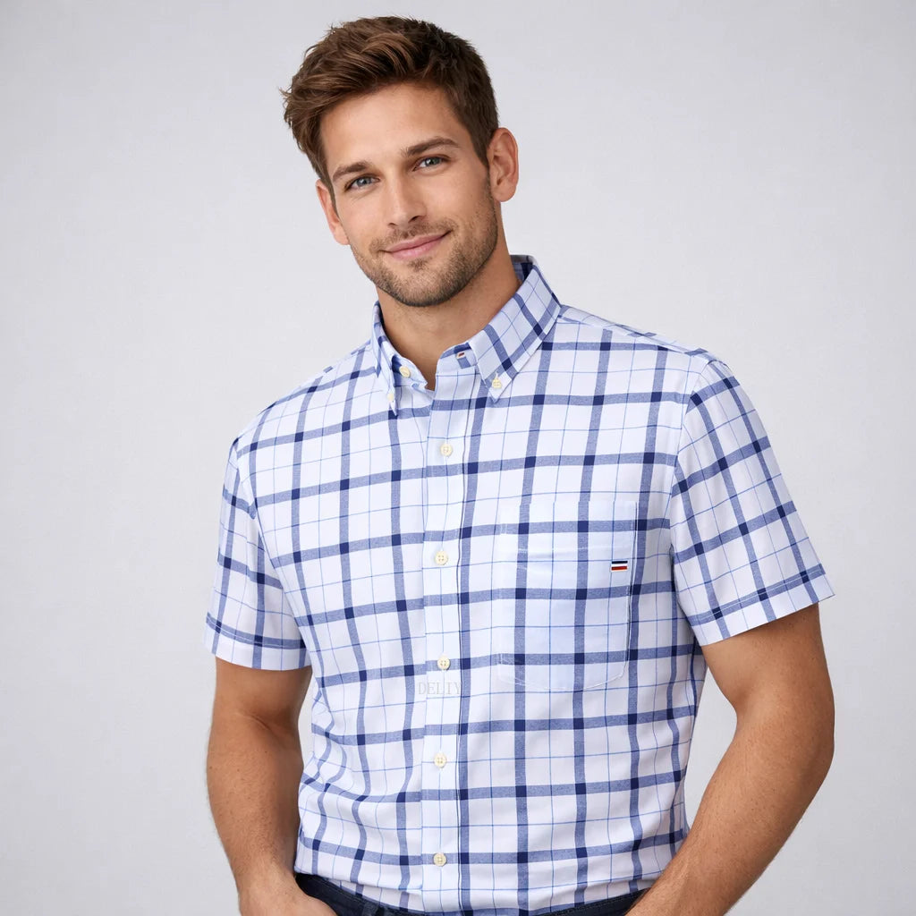 2026 100% Pure Cotton Men's Oxford Short Sleeve Square Collar Soild Plaid Striped Summer Casual Shirts Single Pocket  Shirt