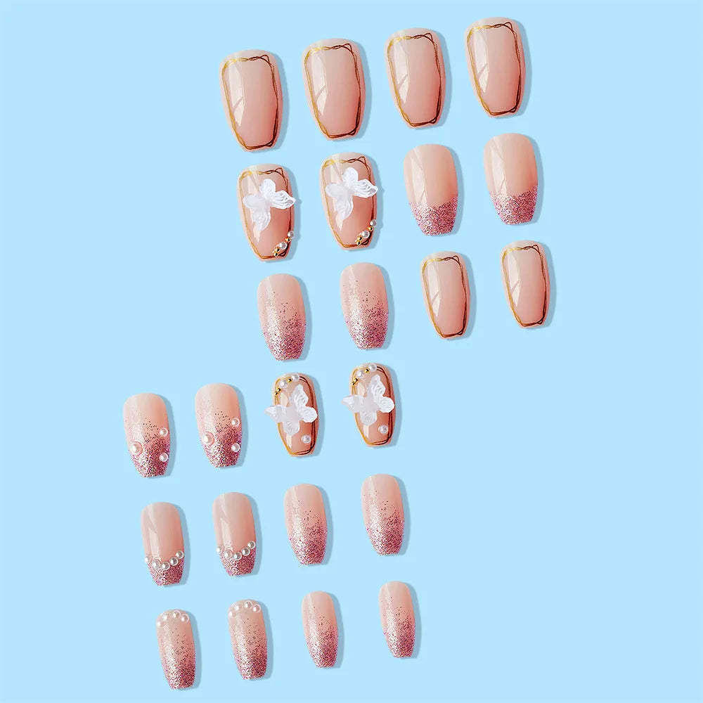 24Pcs Glossy Short Ballerina Press On Nails Pink Glitter Style False Nails With Rhinestone Shiny Artificial Reusable Fake Nails