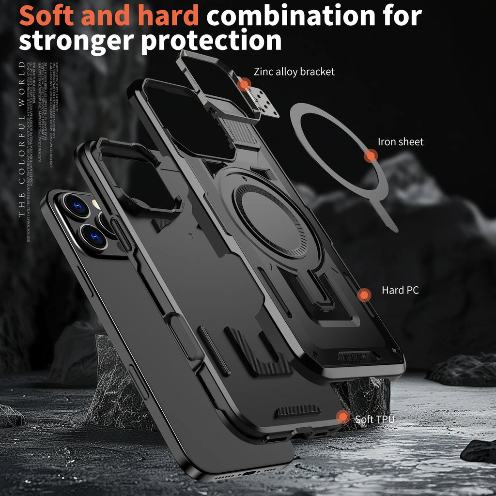 Luxurious Armor Case for iPhone 17 air 16 e 15 14 13 12 11 Pro Max Plus Magnetic Metal Stand Holder Kickstand Protective Hard Co