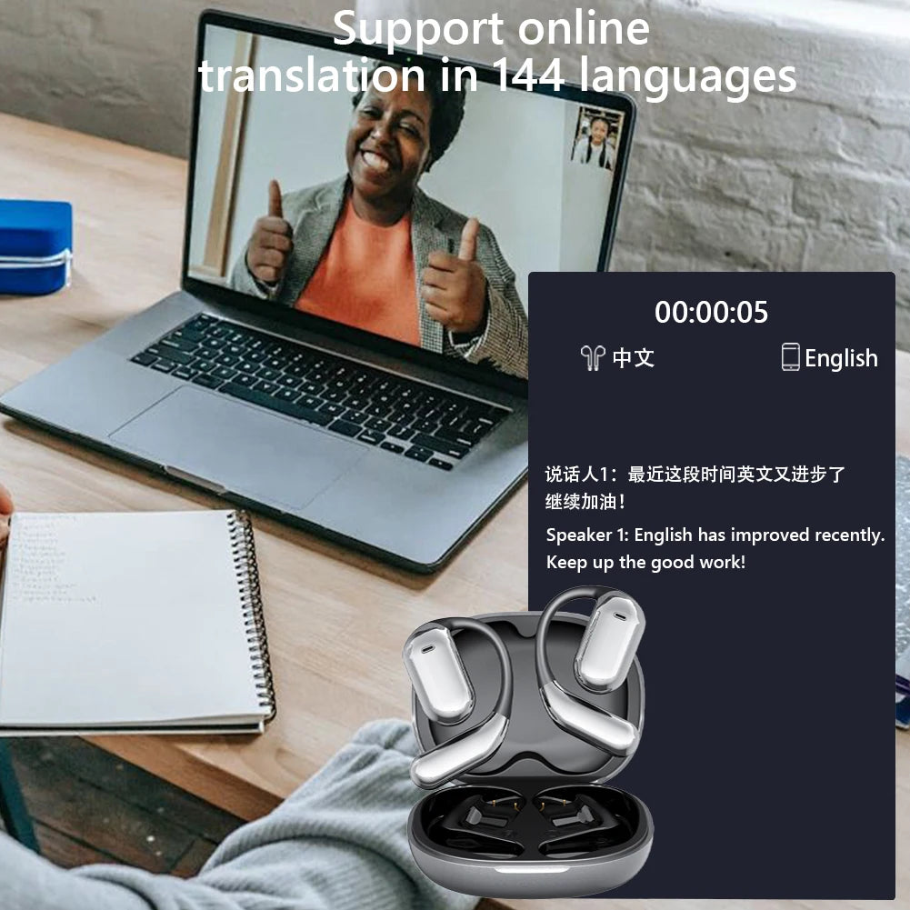AI Translation Earphones Bluetooth-Compatible 5.4 Real Time Translator Earbuds Waterproof Touch Screen Open Ear Headphones