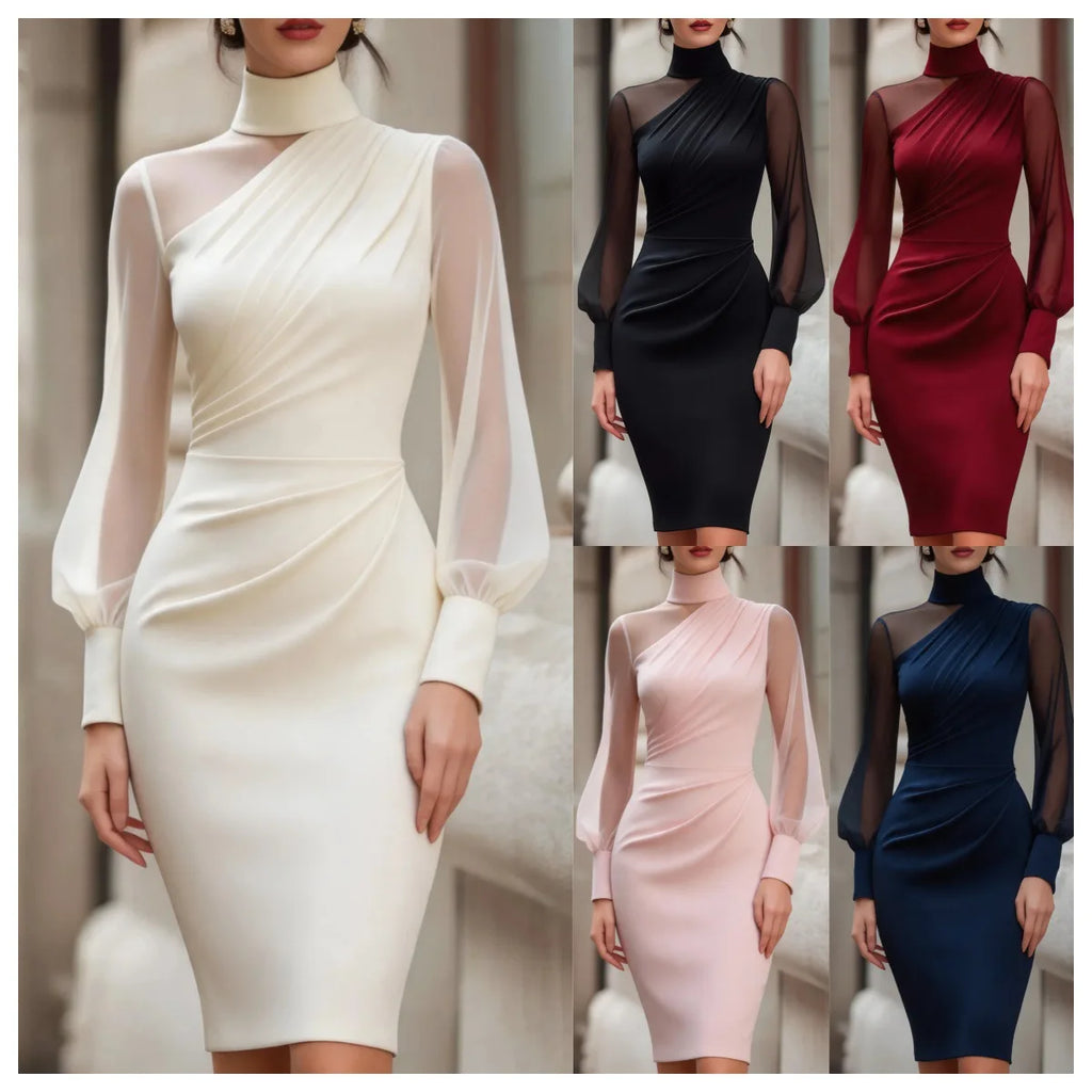 2026 Summer New Fashionable Mesh Lantern Sleeve Sleeve Bodycon Midi Dress Elegant Sheer Panel Cocktail Party Formal Evening Wear