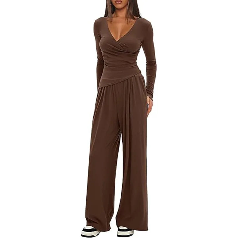 2025 autumn and winter wide leg pants set, women's long sleeved multi occasion sportswear, commuting hot selling item