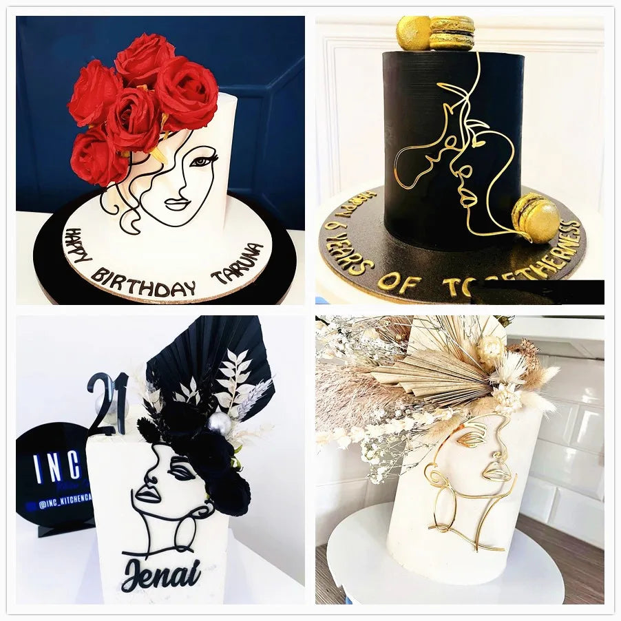New Gold Portrait Happy Birthday Cake Topper Black Acrylic Abstract Art Boys Girls Party Cake Topper Baby Shower Girl Decoration