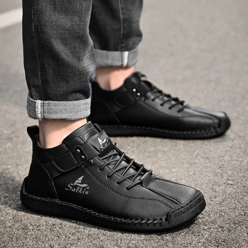 Winter New Men's Low-top Ankle Boots High Quality Hand-stitched Hook&loop Leather Casual Sneakers Classic Man Shoes Plus Size 48
