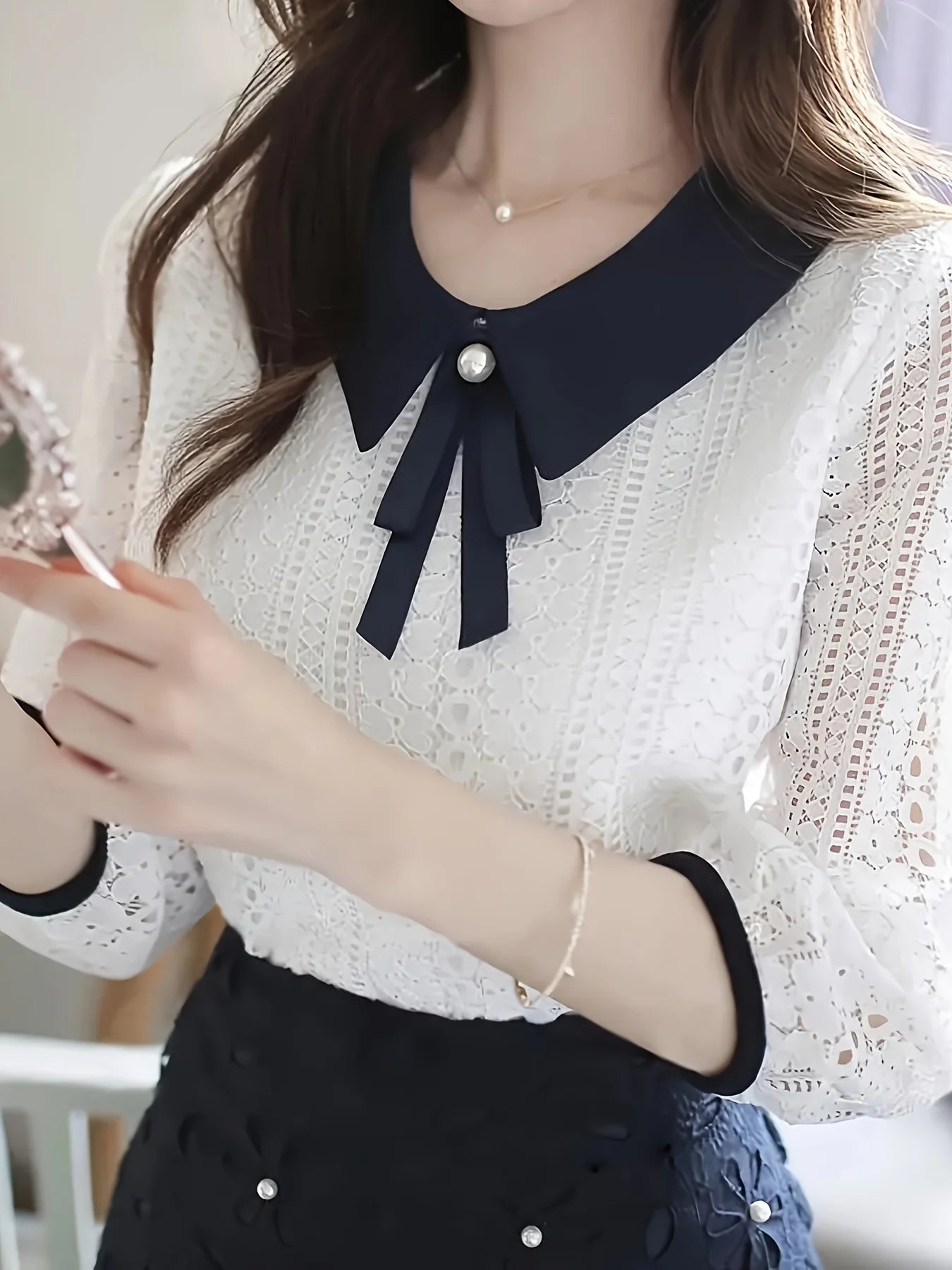 Women's Spring Autumn Style Lace Blouses Shirt Women Peter Pan Collar Solid Color Half Sleeve Elegant Lace Tops SP8676