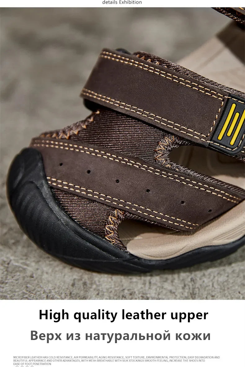 Summer Genuine Leather Men's Sandals Classic Breathable Slip-On Sandals Men Outdoor Casual Beach Sandals Sneakers Plus Size 48