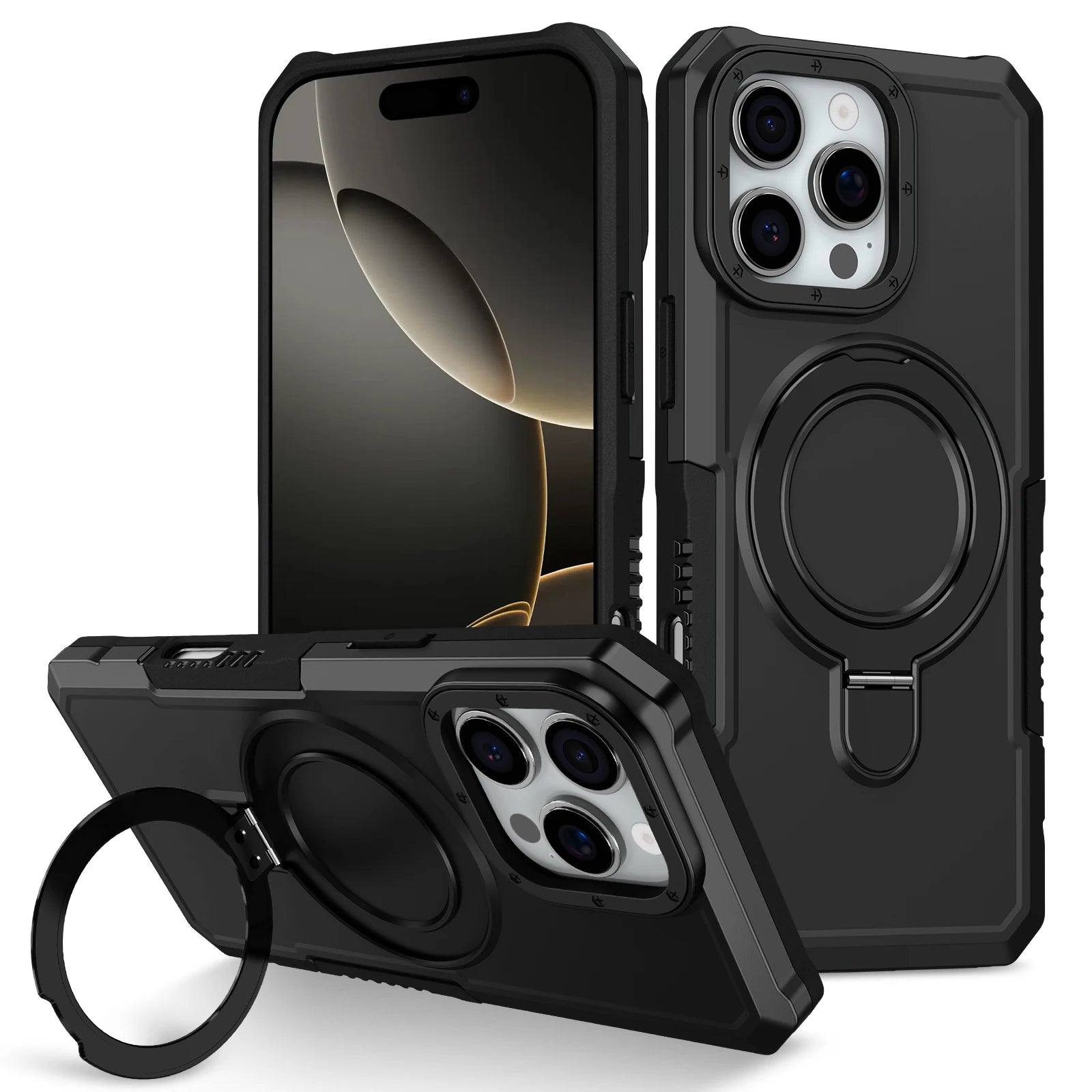 Luxury Armor Case for IPhone 17 16 15 14 13 12 11 Pro X XS XR Max 8 7 6 Plus Ring Holder Slide Lens Stand Phone Cover Shockproof