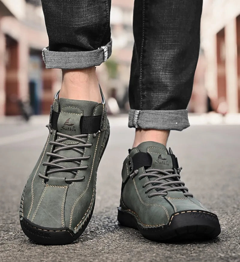 Winter New Men's Low-top Ankle Boots High Quality Hand-stitched Hook&loop Leather Casual Sneakers Classic Man Shoes Plus Size 48