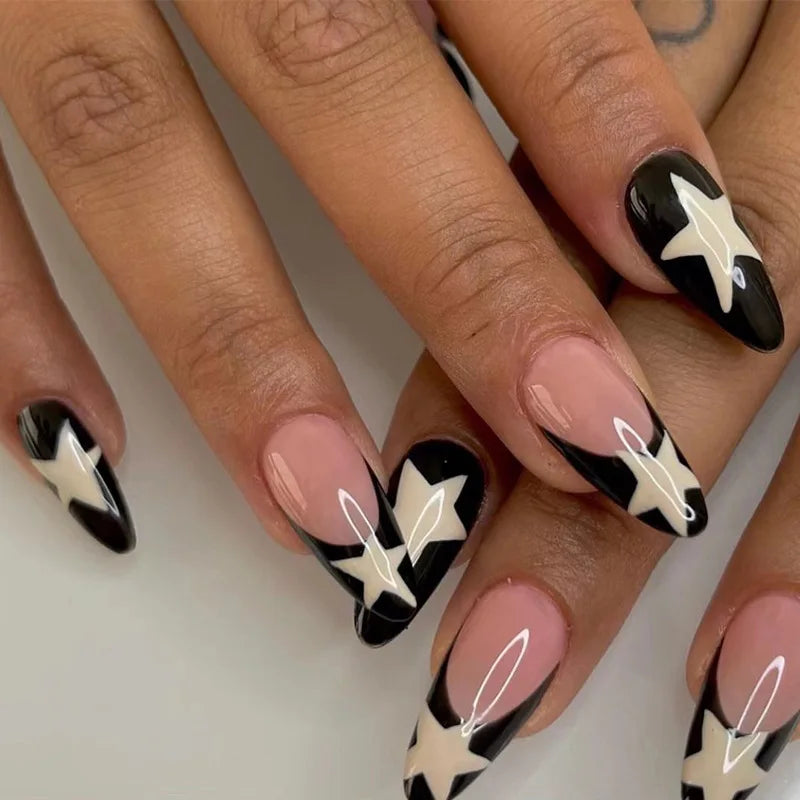 24Ps/Set Almond Slant Gold Line Lotus Pink Fake Nails Artificial Professional Material art False Nail Supplies For Professionals