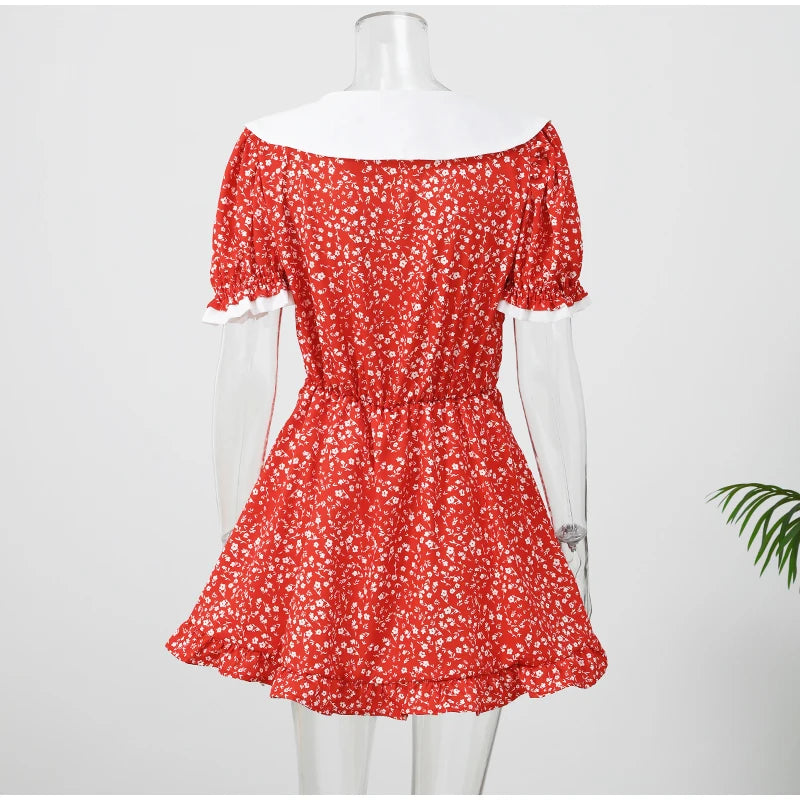 Sexy Floral Printed Mini Dress Women V-neck Flared Sleeve Waist Cinching Ruffle Bodycon Dresses 2026 Lady Party Vacation Gown
