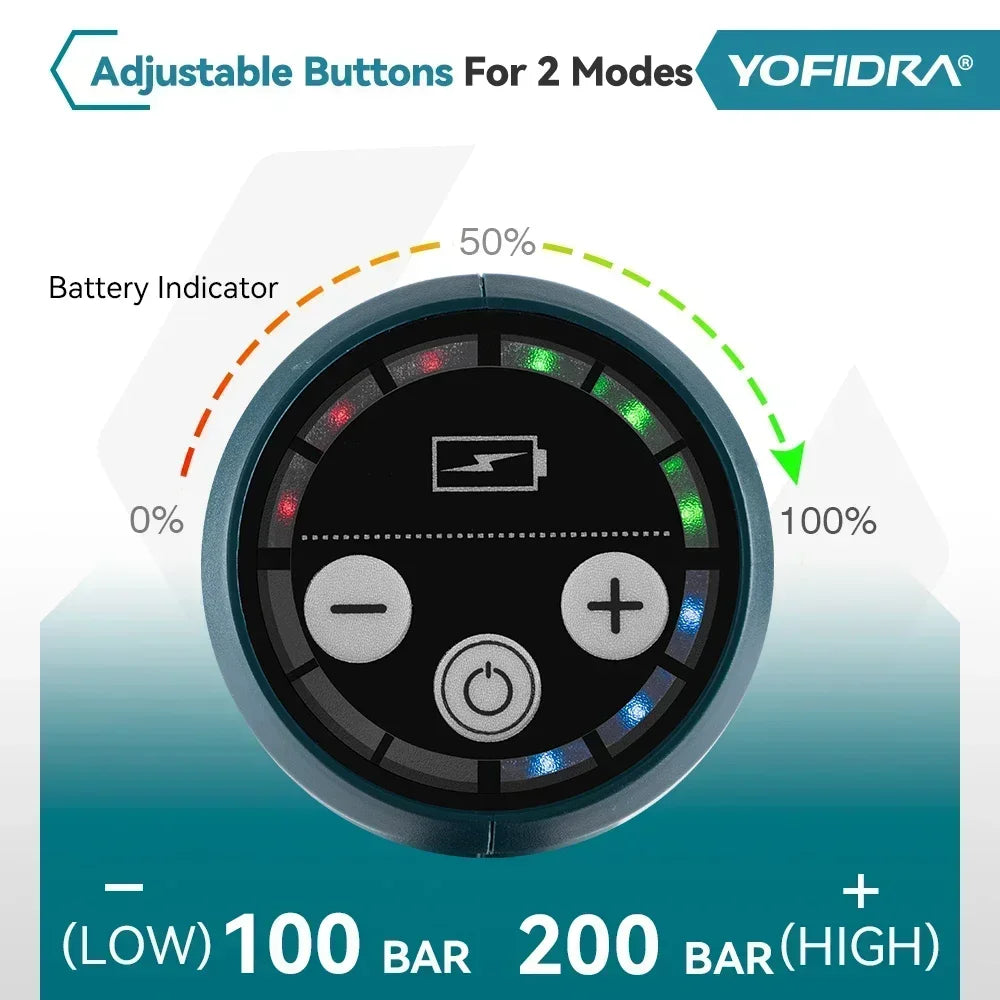 YOFIDRA 200Bar Brushless High Pressure Washer Gun Electric Car Washer Garden Watering Gun Cleaning Tools for Makita Battery Pins
