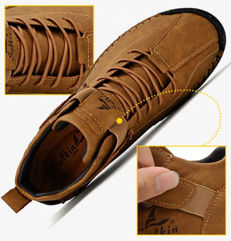 Winter New Men's Low-top Ankle Boots High Quality Hand-stitched Hook&loop Leather Casual Sneakers Classic Man Shoes Plus Size 48