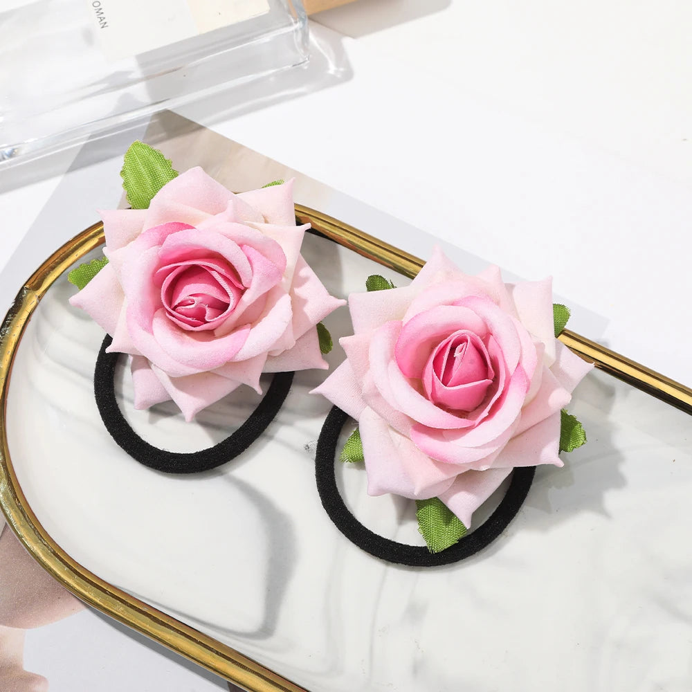 AWAYTR 2pcs New Girls Hair Rope Simulation Flower Cloth Elastic Hair Bands Rose Hair Ties Woman Hair Accesories Wholesale