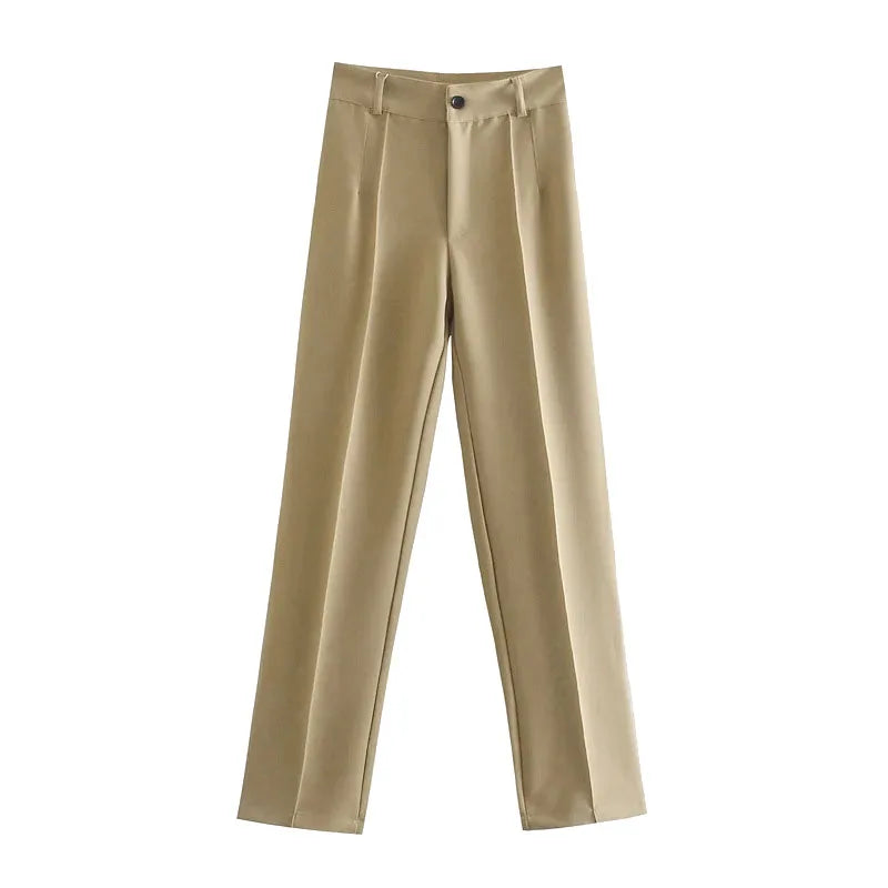 Women Chic Fashion Office Wear Straight Pants Vintage High Waist Zipper Fly Female Trousers Mujer