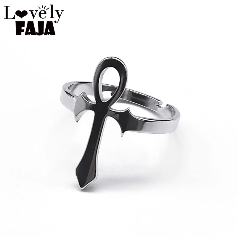 Egyptian Ankh Cross Ring Stainless Steel Anubis Life Symbol Adjustable Egypt Trend Finger Ring Party Jewelry Gift for Women Men