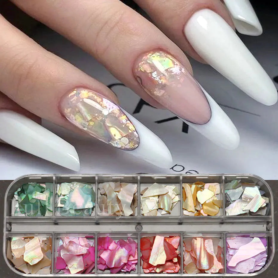 6/12Grid Abalone Sea Shell for Nails Holographic Mirror Nail Art Glitter Flakes Rainbow Mermaid Irregular Sequins Manicure Decor