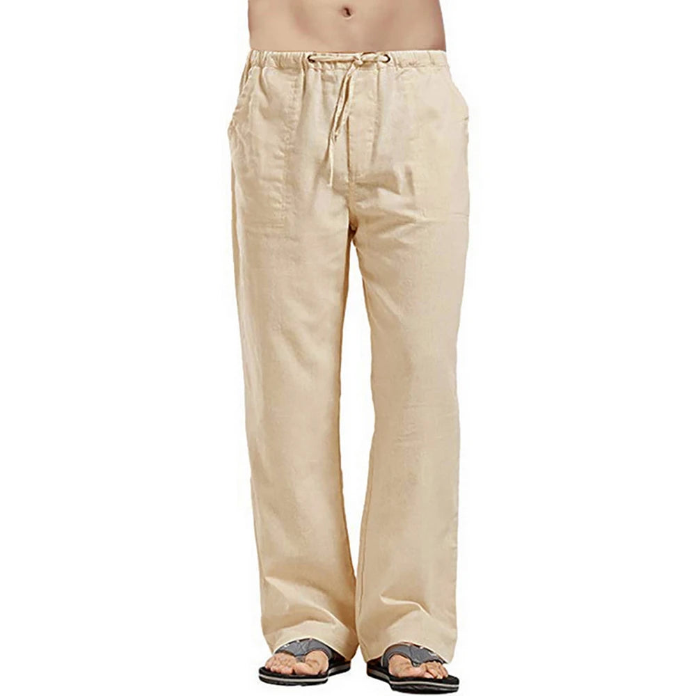 Men's Summer Loose Long Pants Elastic Waist Drawstring Leisure Resort Trousers Men Lightweight Breathable Straight Leg Pan