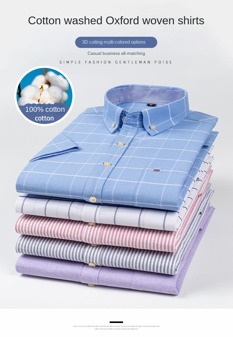 2026 100% Pure Cotton Men's Oxford Short Sleeve Square Collar Soild Plaid Striped Summer Casual Shirts Single Pocket  Shirt