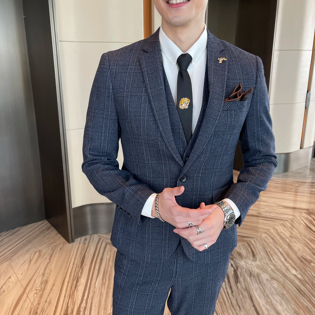 British Korean Style High Quality Modified Plaid Three-Piece Suit for Men - Stylish Business Casual Suit Vest And Trousers Set
