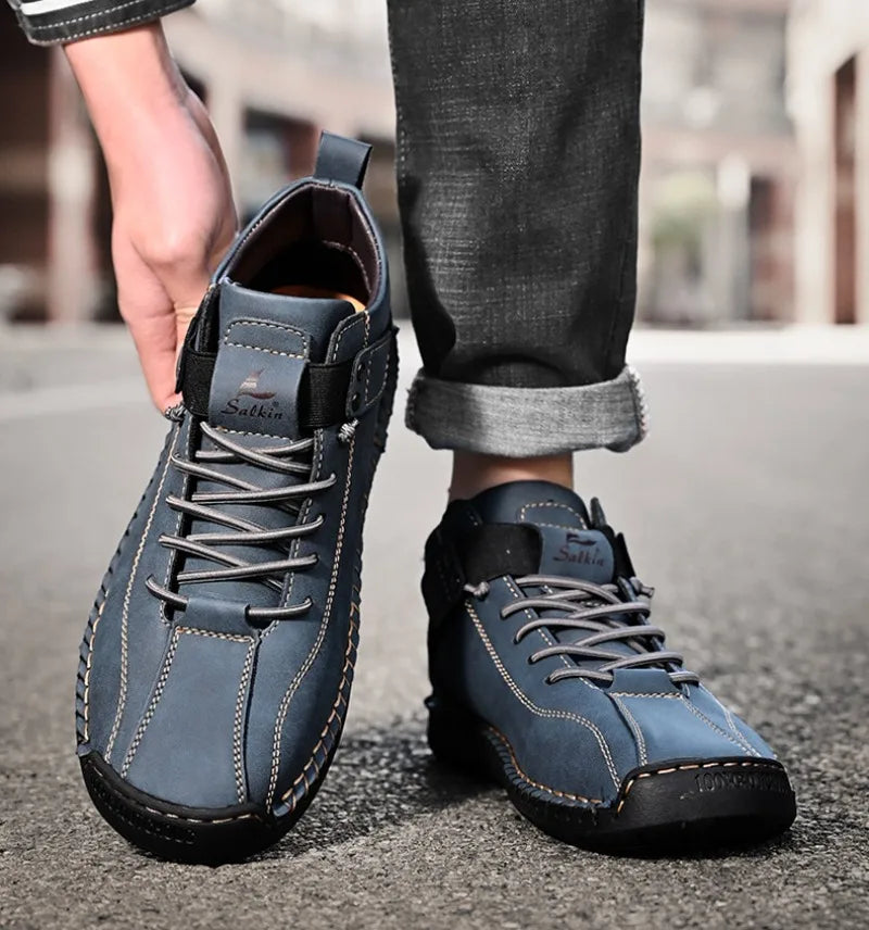Winter New Men's Low-top Ankle Boots High Quality Hand-stitched Hook&loop Leather Casual Sneakers Classic Man Shoes Plus Size 48