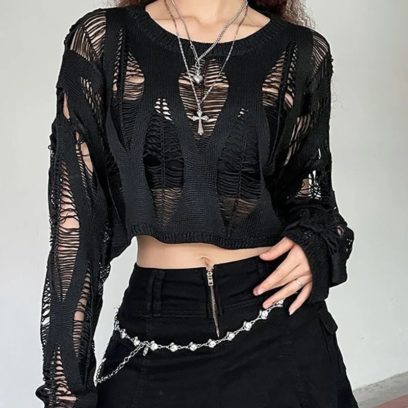ITOOLIN Women Hole Hollow Out Y2K T-shirts Batwing Sleeve Knitted Shirt For Women Loose Streetwear Tops Spring Autumn 2024