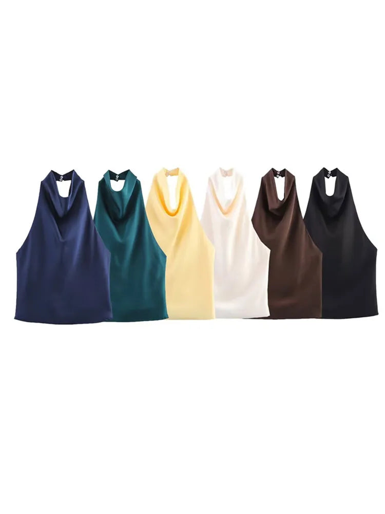 Zevity 2025 Women Chic Solid Color Sleeveless Soft Touch Halter Camis Tank Lady Backless Summer Beach Shirt Blouse Tops LS9365