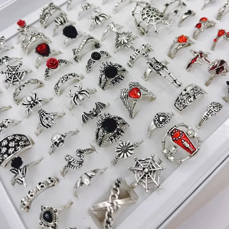 10/20/30Pieces Vintage Punk Spider Skull For Women Men Mix Style Gothic Dark Style Halloween Finger Rings Jewelry Party Festival