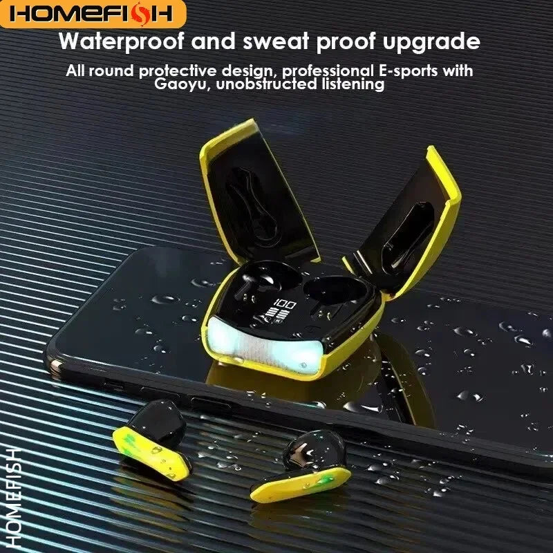 HOMEFISH  Wireless Earbuds BT 5.2 Low Latency, Waterproof with Cool LED Lights, 5H Playtime for E-Sports & Music