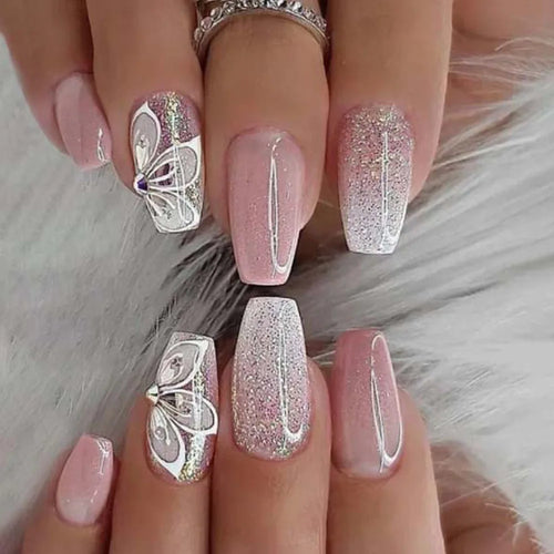 24Pcs Glossy Short Ballerina Press On Nails Pink Glitter Style False Nails With Rhinestone Shiny Artificial Reusable Fake Nails