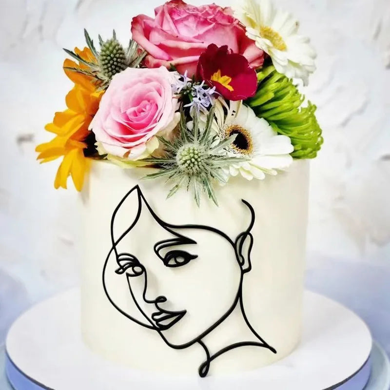 New Gold Portrait Happy Birthday Cake Topper Black Acrylic Abstract Art Boys Girls Party Cake Topper Baby Shower Girl Decoration