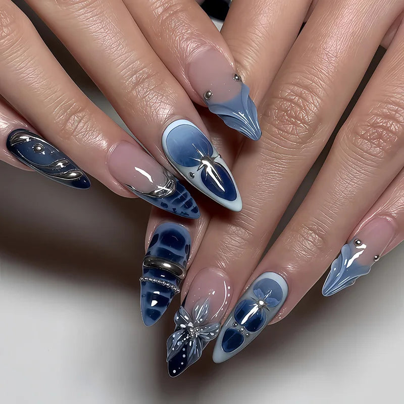 24Pcs Y2k Almond Acrylic Nails Full Cover 3D Diamond Black Nail Art Sweet Cool French Wearable Fake Nail Manicure Tips for Girls